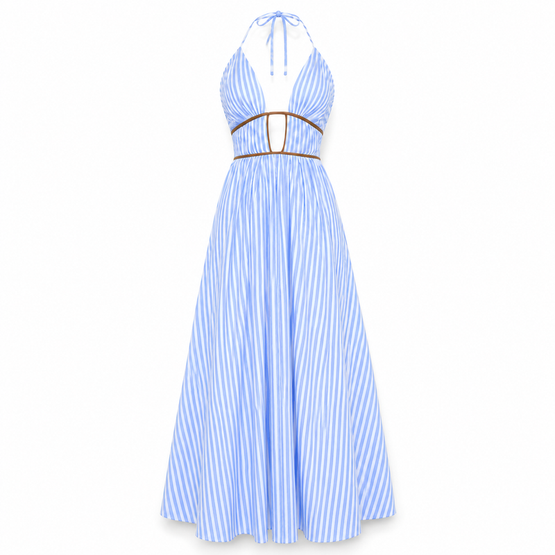 Maxi abito a righe con scollo a V e allacciatura al collo