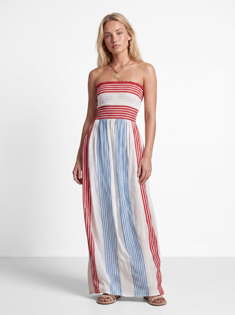 Alba | Abito maxi a righe rosse e blu con corpino smock senza spalline